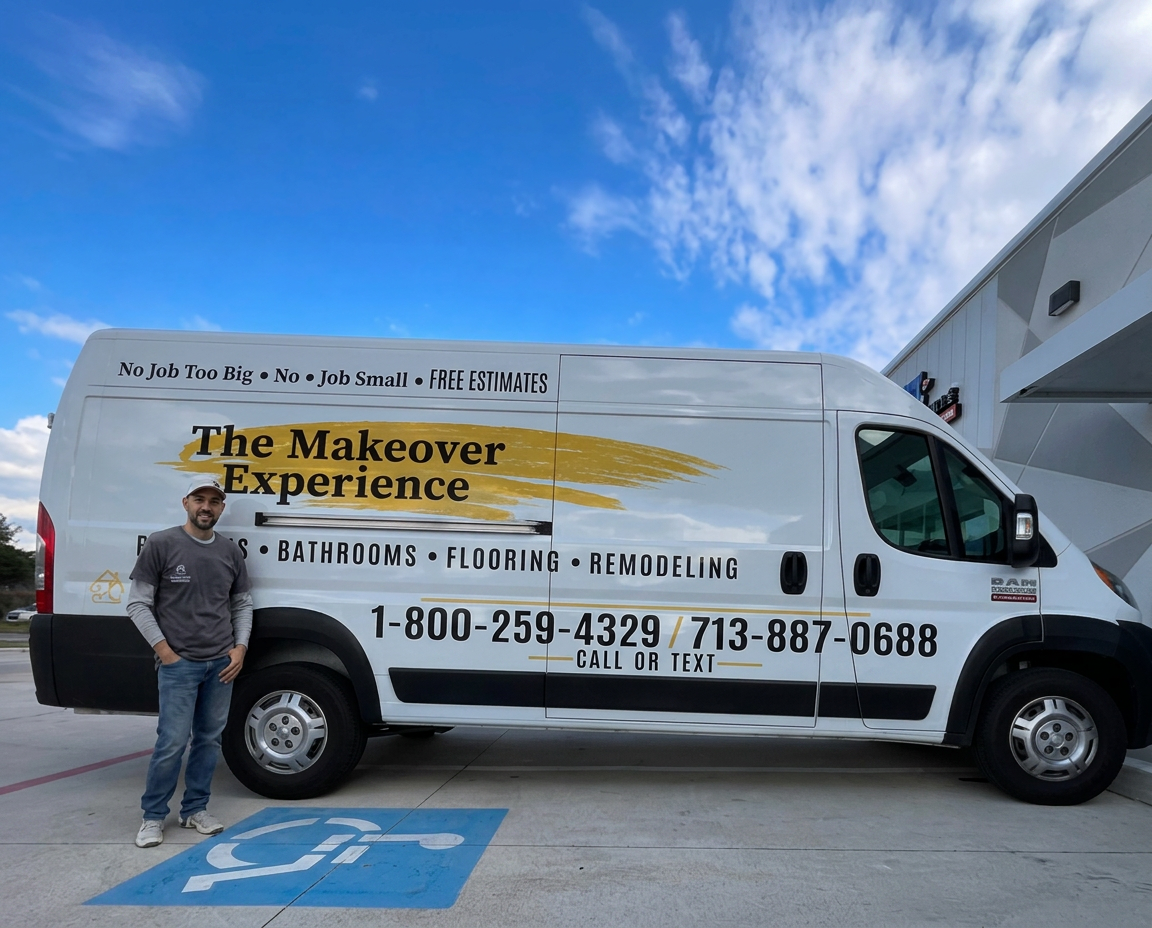 The Makeover Experience branded service van in front of a Houston home